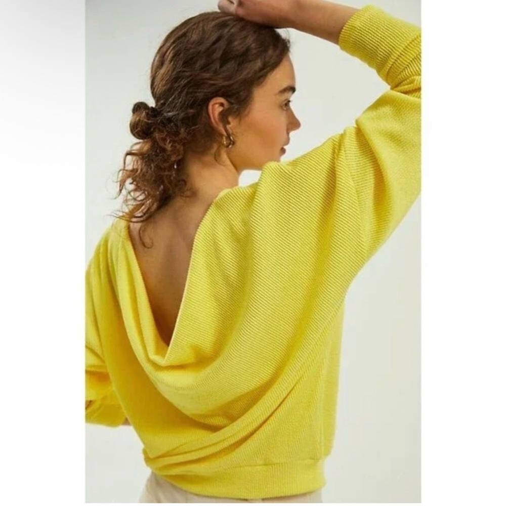 Anthropologie Maeve Kasi Pullover Ribbed Long Sleeve Draped Back Top Yellow Sz L
